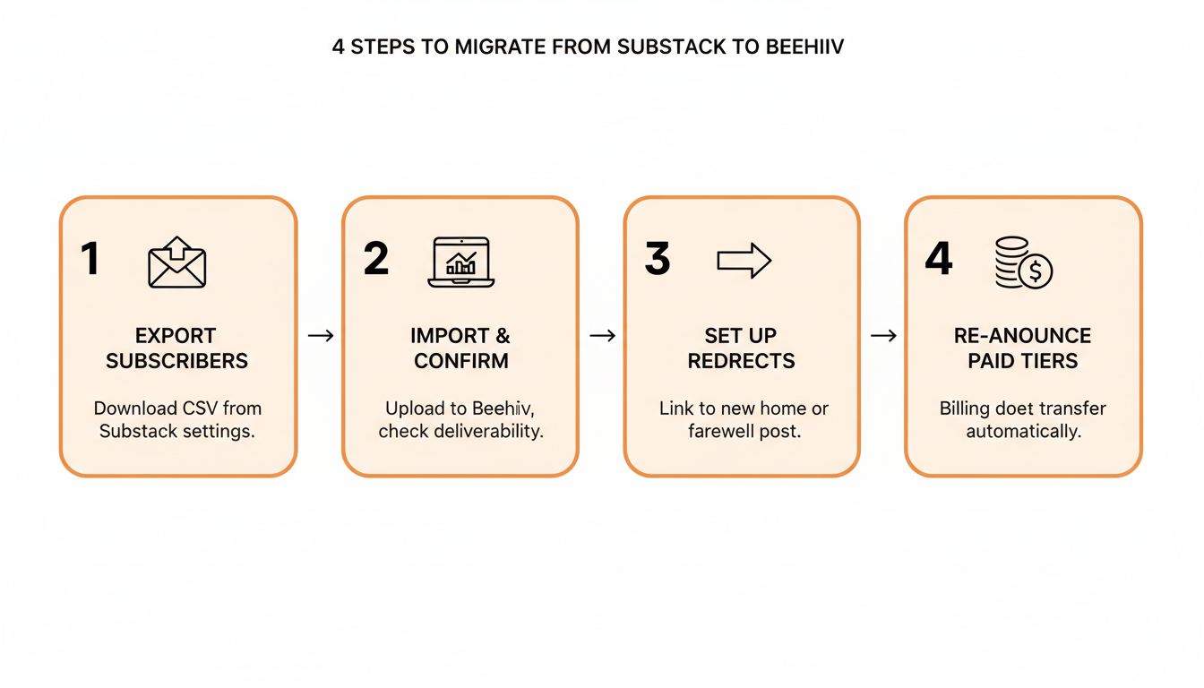 Numbered infographic showing a four-step migration checklist for moving a newsletter from Substack to Beehiiv.