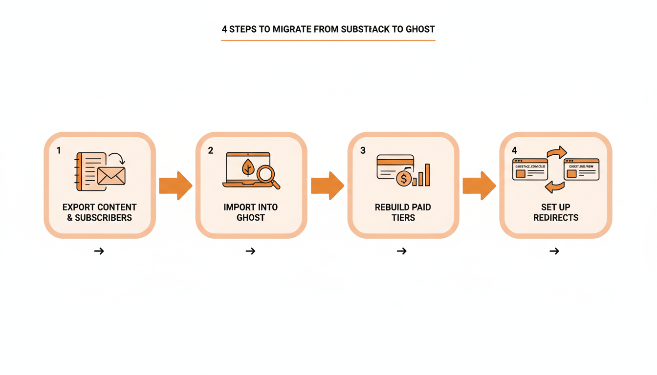 Four-step process for migrating a Substack publication to Ghost, covering export, import, billing, and redirects.