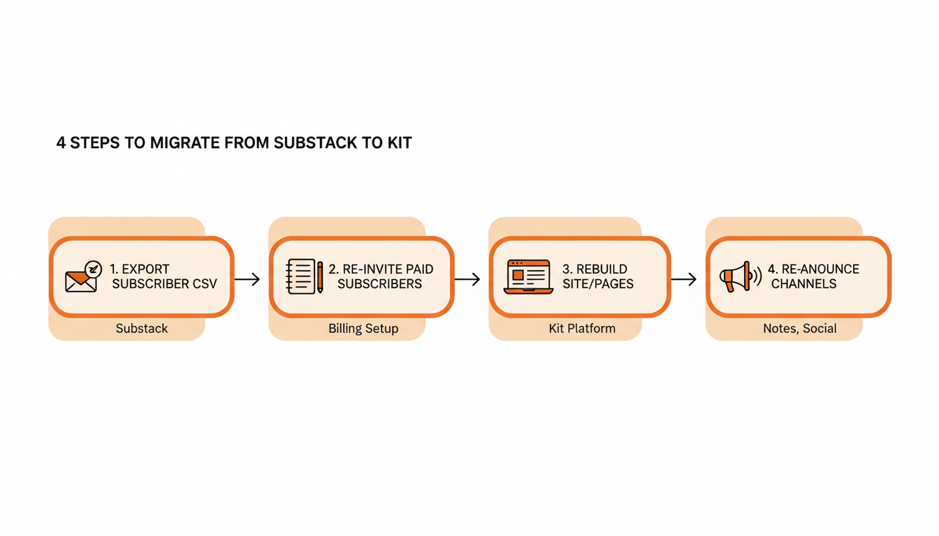 Numbered infographic showing a four-step checklist for moving a newsletter from Substack to Kit.