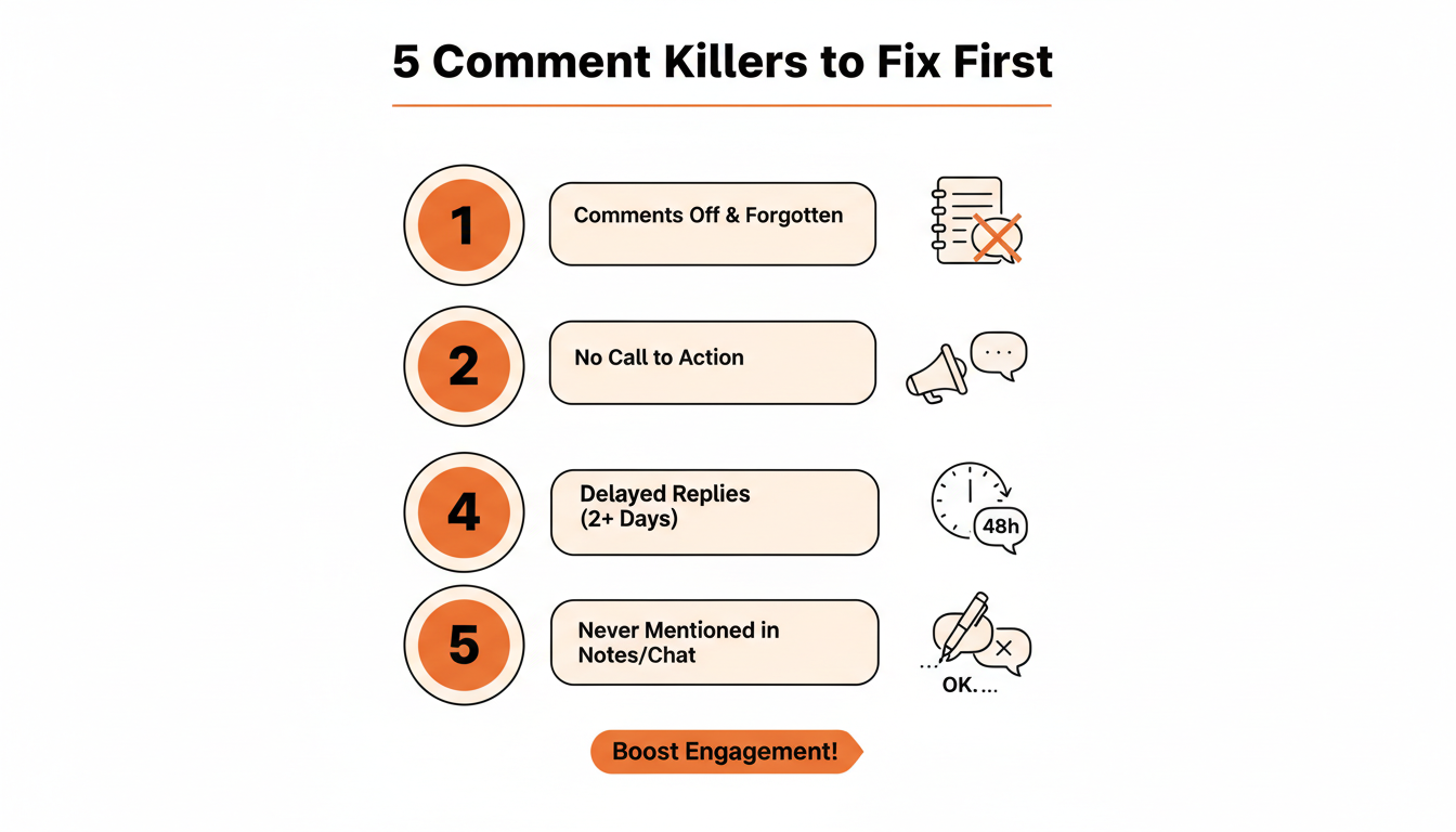 Ranked list of the five most common mistakes that kill Substack comment threads, from most to least damaging.