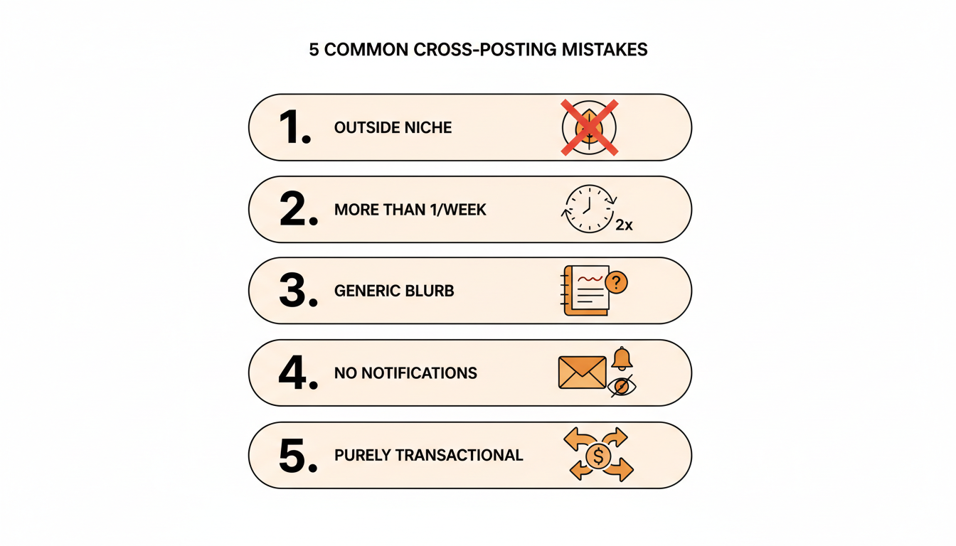 Numbered list graphic: five common Substack cross-posting mistakes including cross-posting paywalled-adjacent teasers, cross-posting too frequently, writing a lazy blurb, cross-posting outside your niche, and never checking who has cross-posted you back.