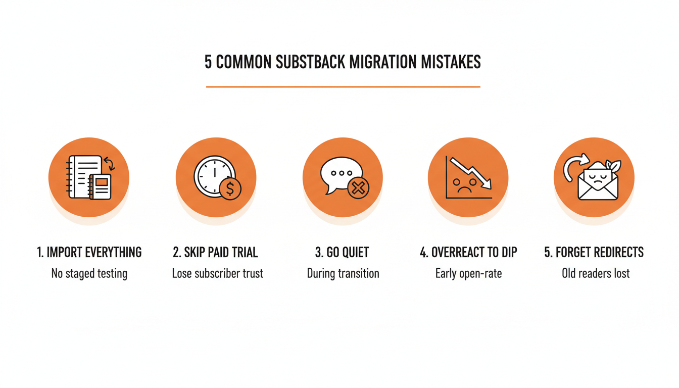Ranked list of five common Substack migration mistakes: importing everything at once with no staged testing, skipping the paid-subscriber trial period, going quiet during the transition instead of communicating it, overreacting to the early open-rate dip, and forgetting to redirect old readers to the new Substack.