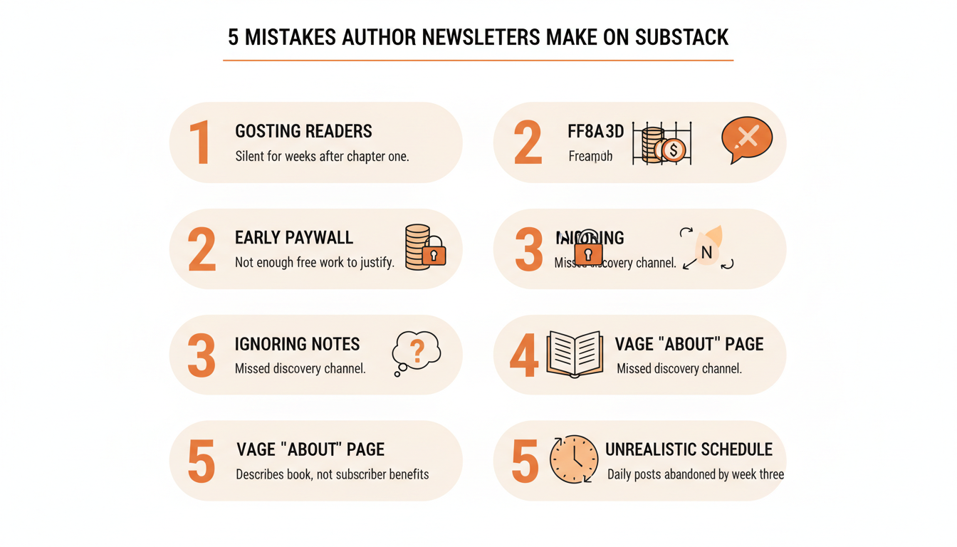 Five common mistakes authors make on Substack: going quiet after chapter one, paywalling too early, treating Notes as an afterthought, an about page with no clear offer, and an unsustainable daily schedule.