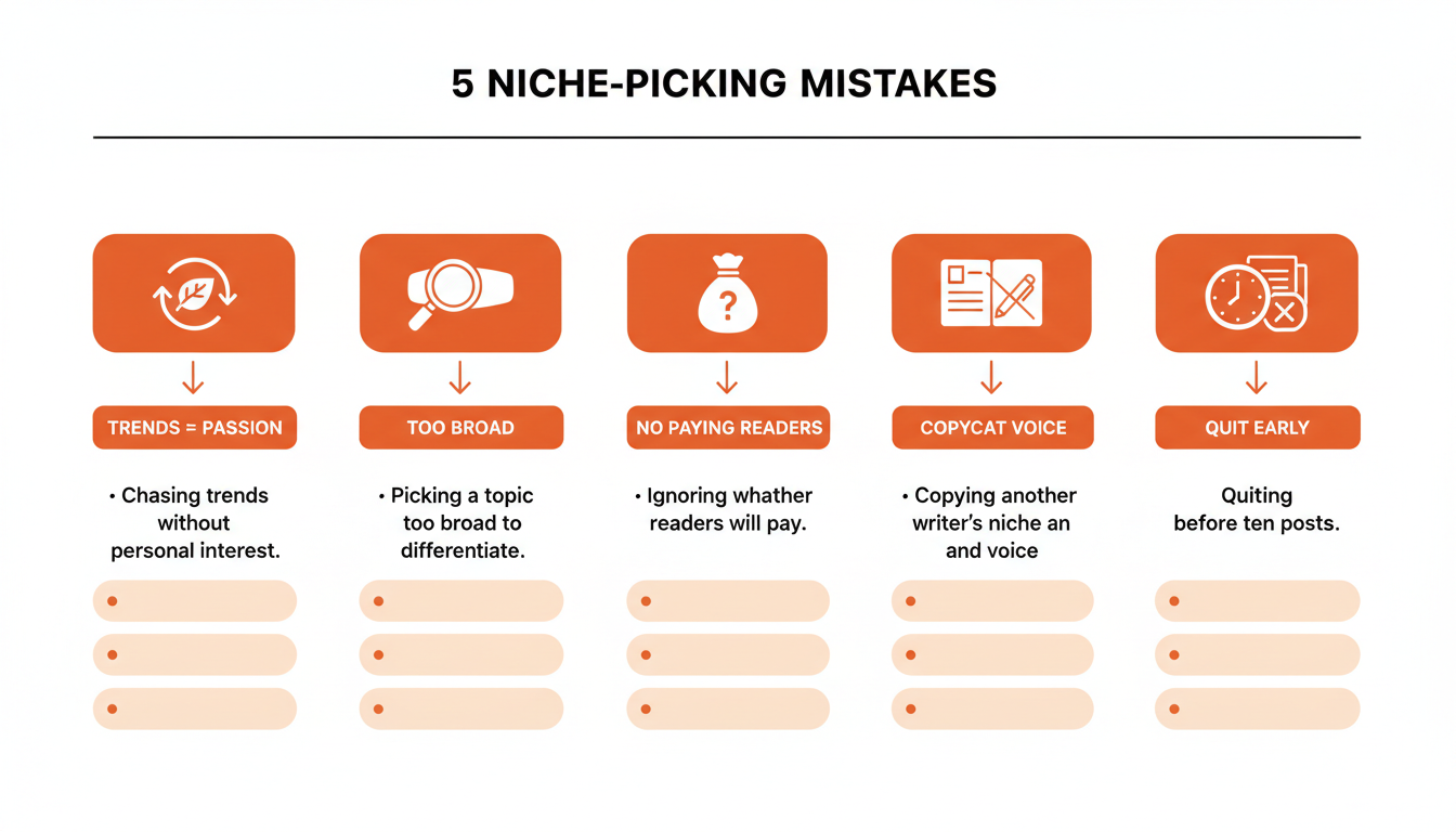 Ranked graphic listing five common mistakes writers make when picking a Substack niche.
