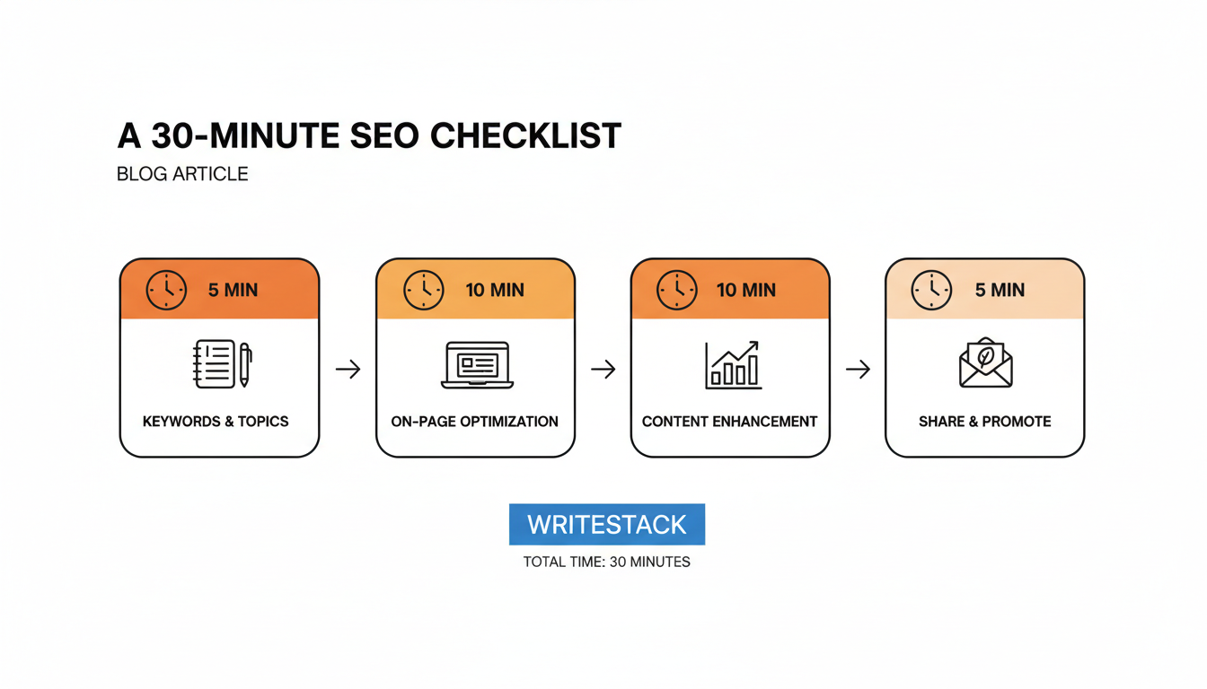 Simple weekly checklist graphic showing the four-step 30-minute Substack SEO routine.