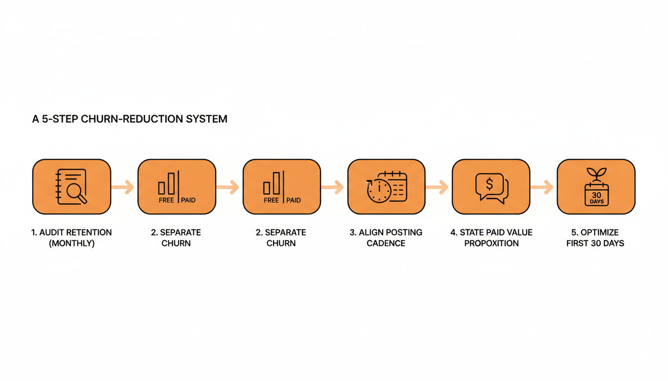 Five-step Substack churn-reduction system: audit retention monthly, separate free from paid problems, match posting rhythm to capacity, close the value gap, and fix the first 30 days.