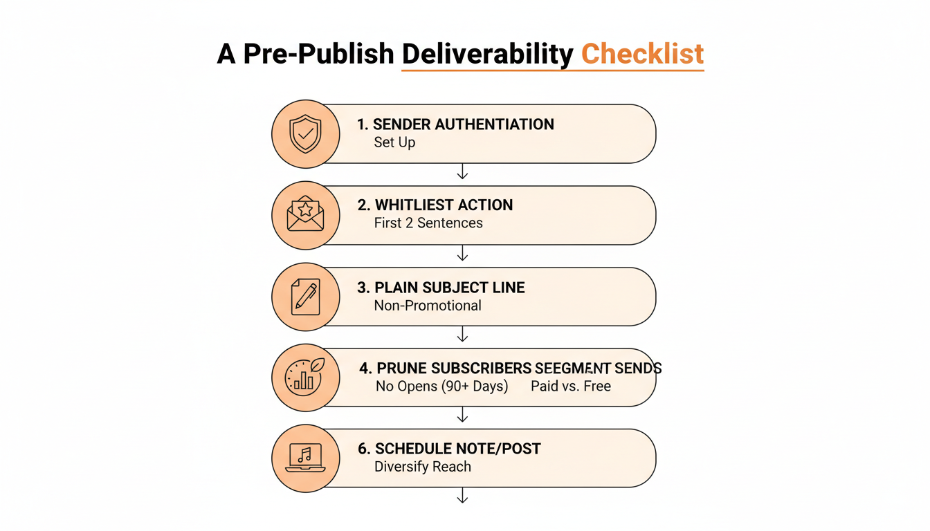 Deliverability checklist: check sender authentication, ask for one whitelist action, avoid promotional subject lines, prune 90-day non-openers, segment paid from free sends, pair every post with a scheduled Note.