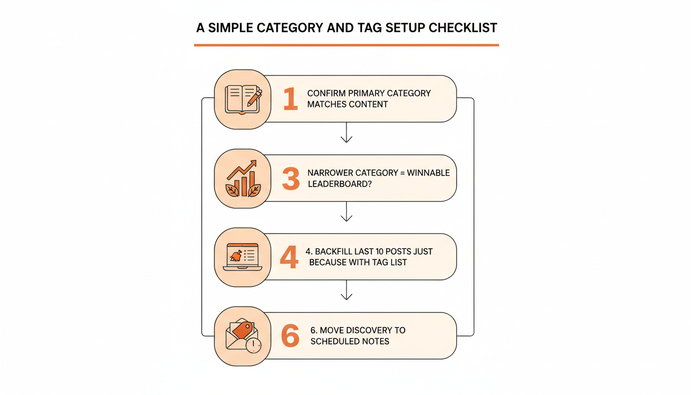 Numbered checklist graphic: confirm category still fits, check for a narrower category, pick 3-5 recurring tags, backfill your last 10 posts, stop tagging by default, move remaining effort into Notes.