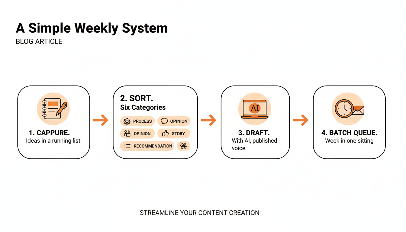 Four-step weekly system for never running out of Substack Notes ideas: capture, sort, draft, queue.