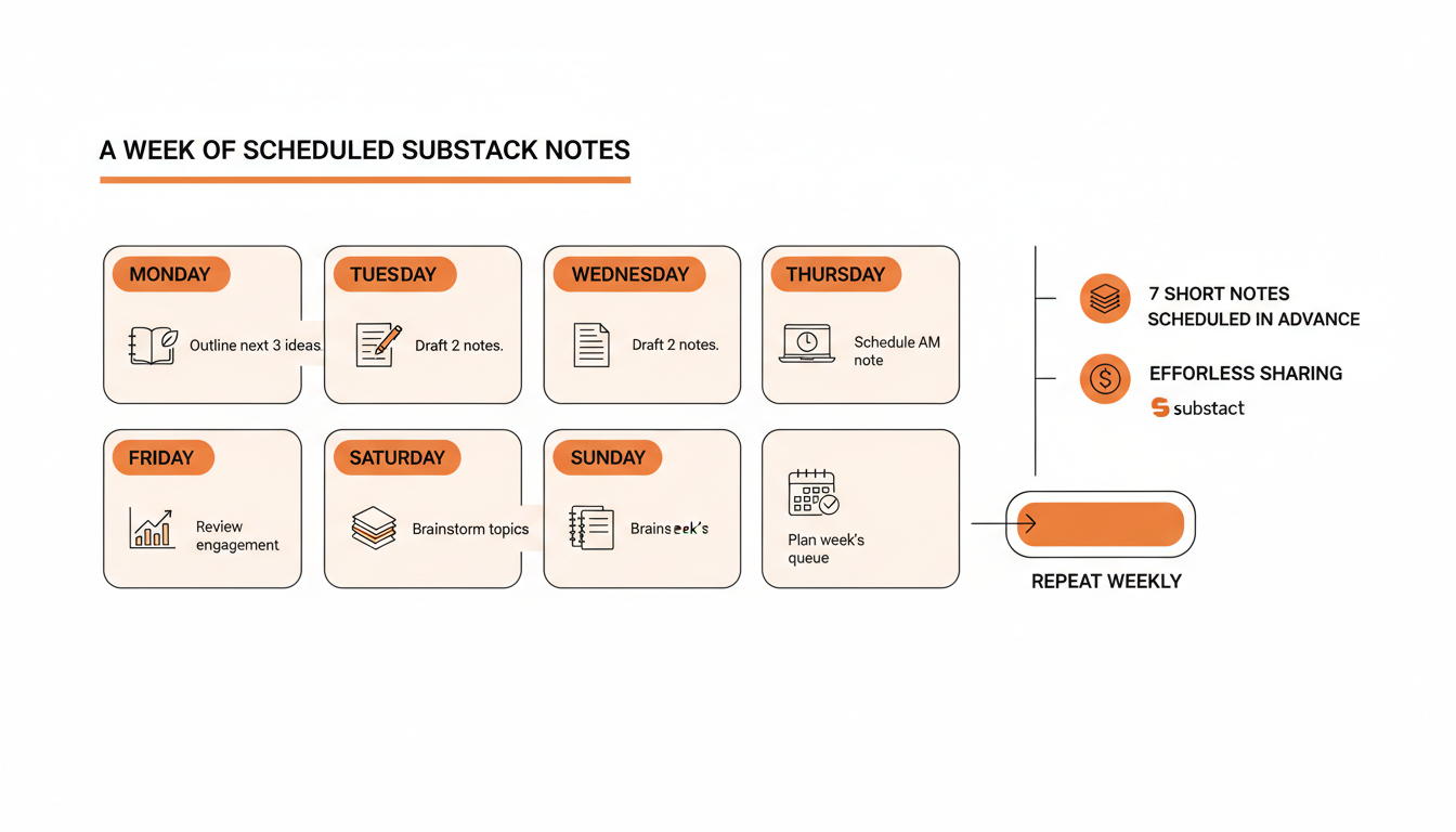 Screenshot-style illustration of a week of scheduled Substack notes in a queue.