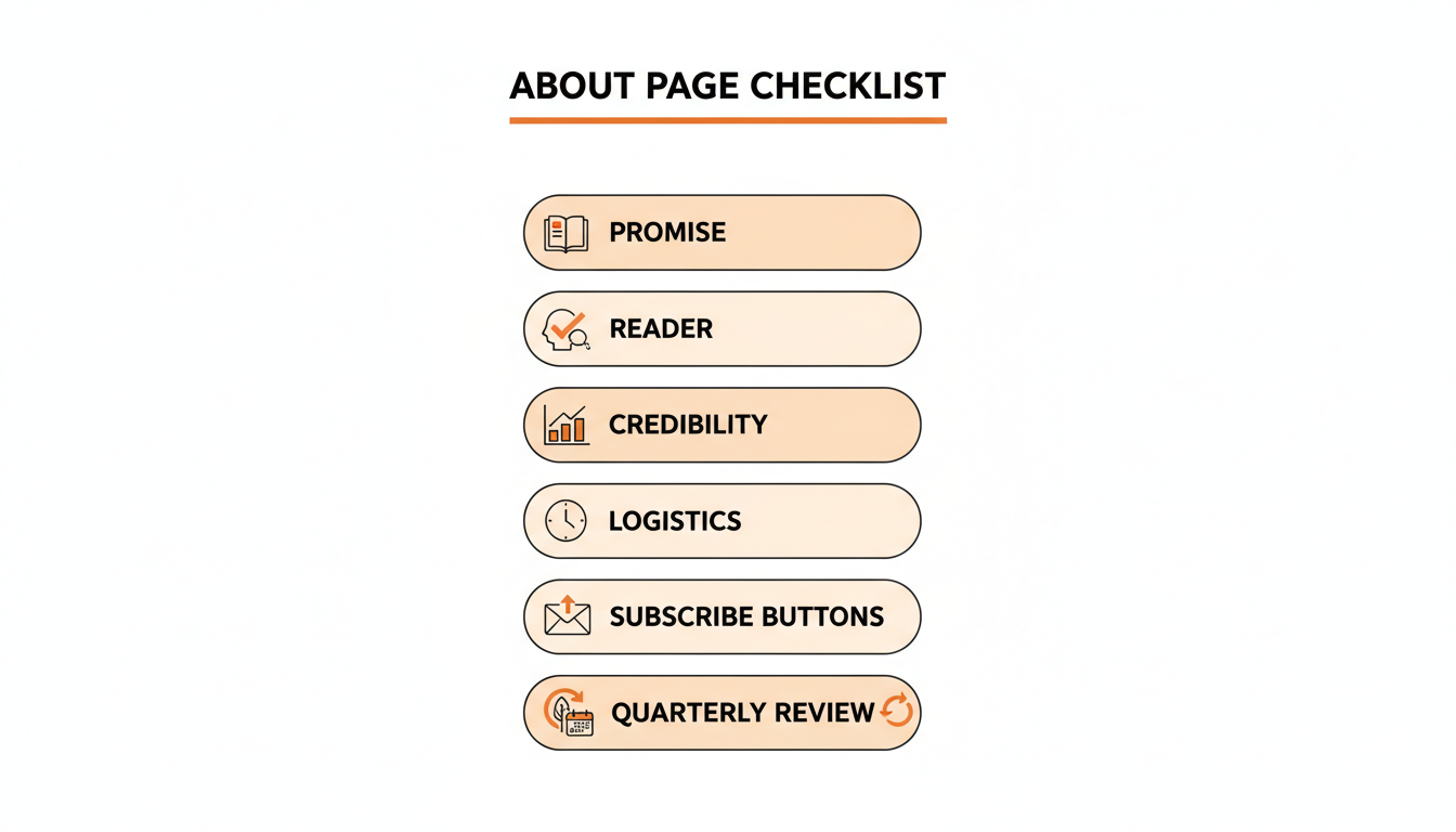 A checklist graphic of the About page essentials.