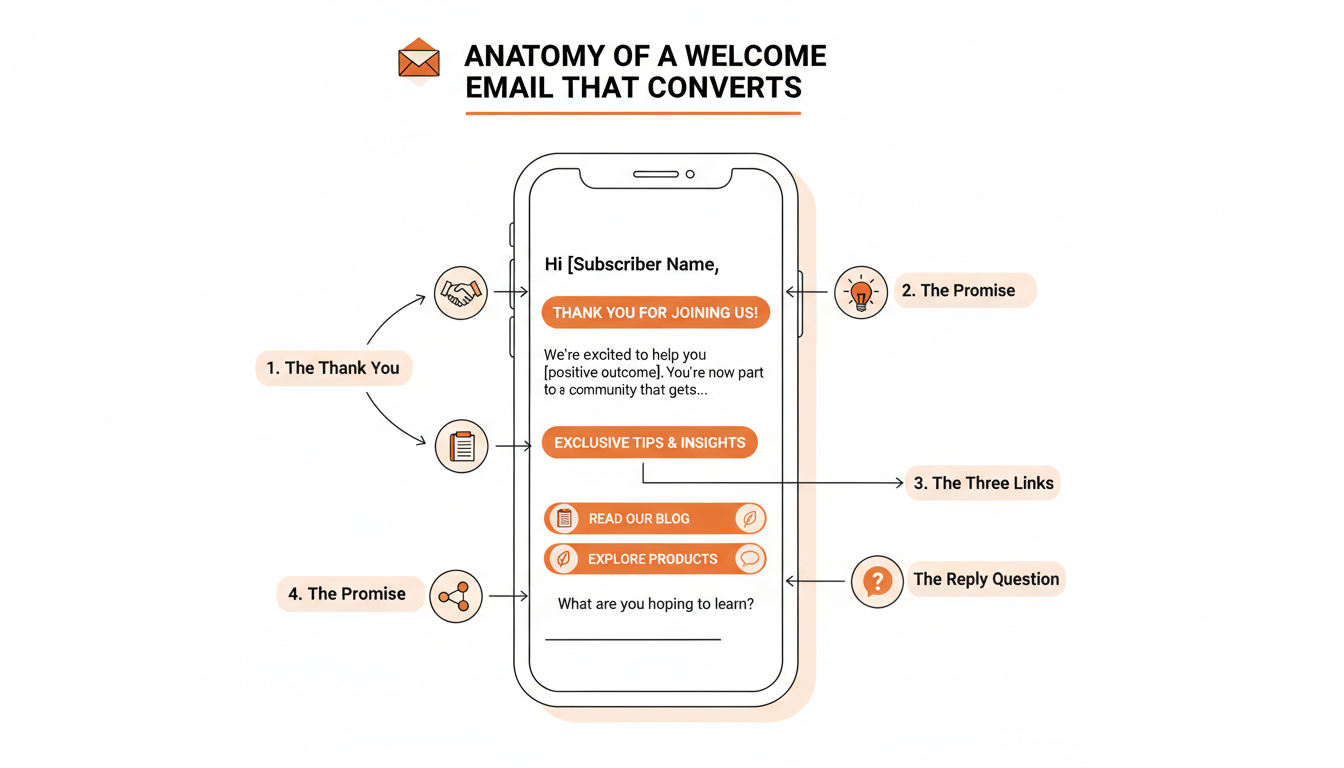 Annotated welcome email template with each section labeled.