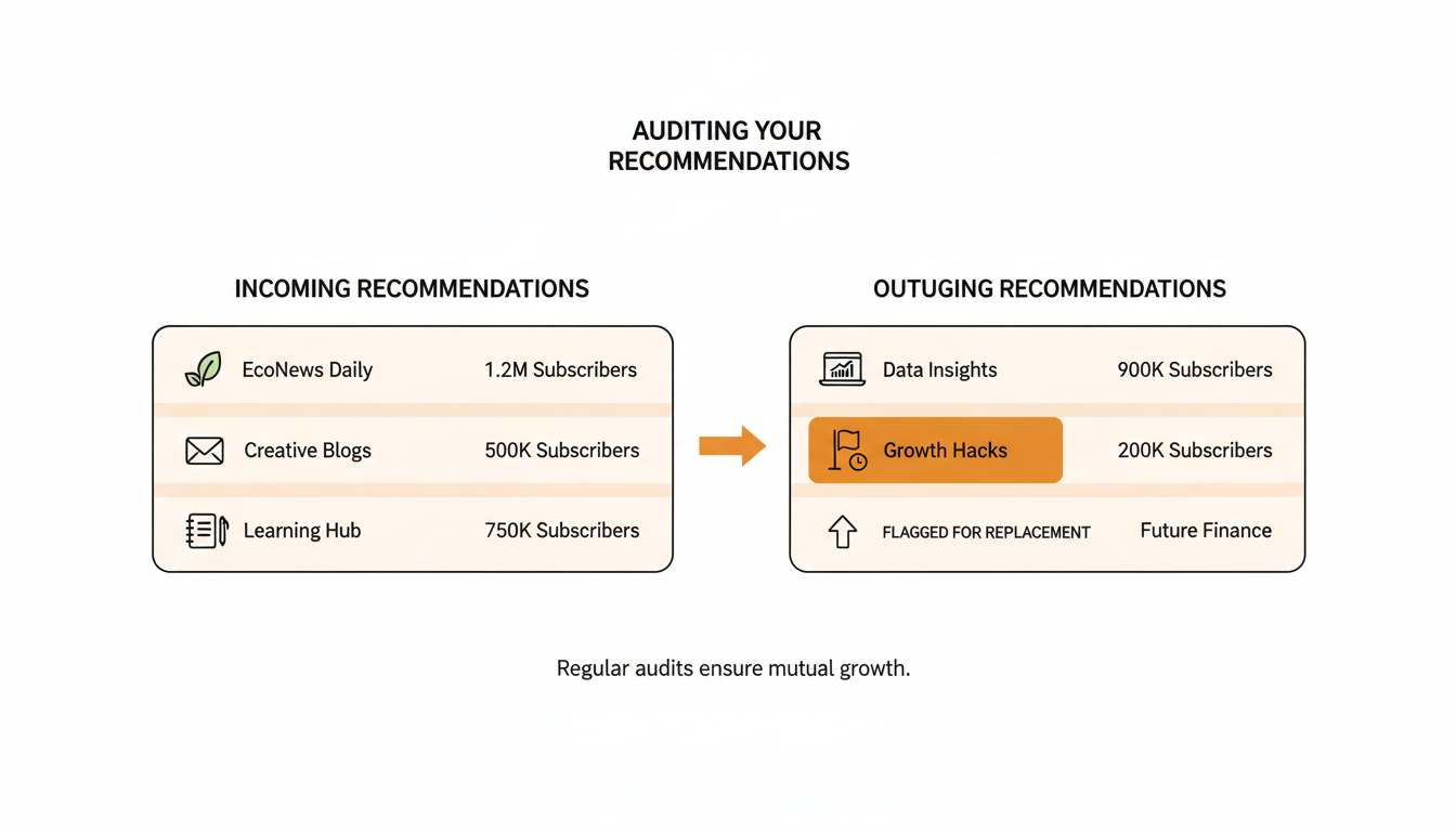 Screenshot-style illustration of a Substack Recommendations dashboard with one underperforming entry highlighted.