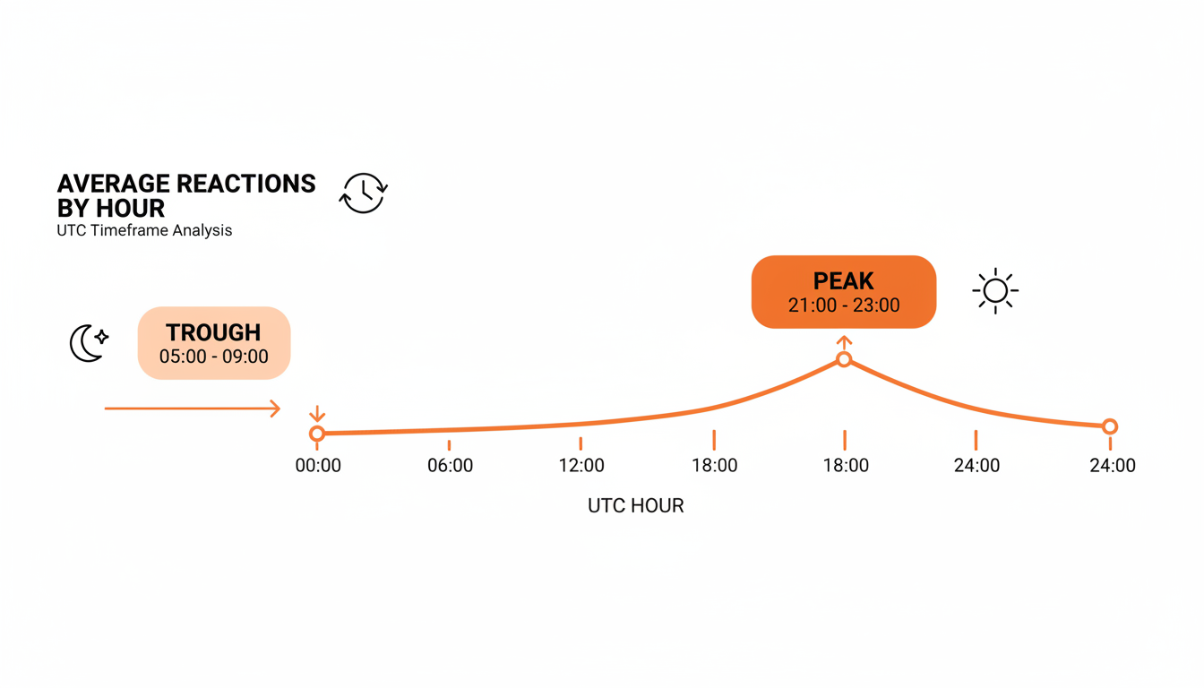 Line chart of average reactions by publishing hour across 1.37 million Substack posts, peaking in the late UTC evening.