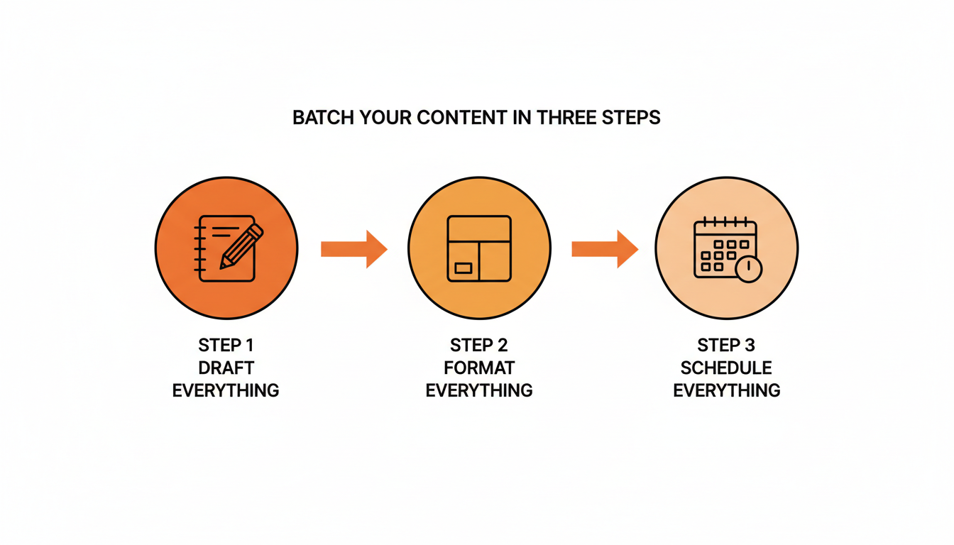 Batch your content in three steps: draft everything, format everything, then schedule everything