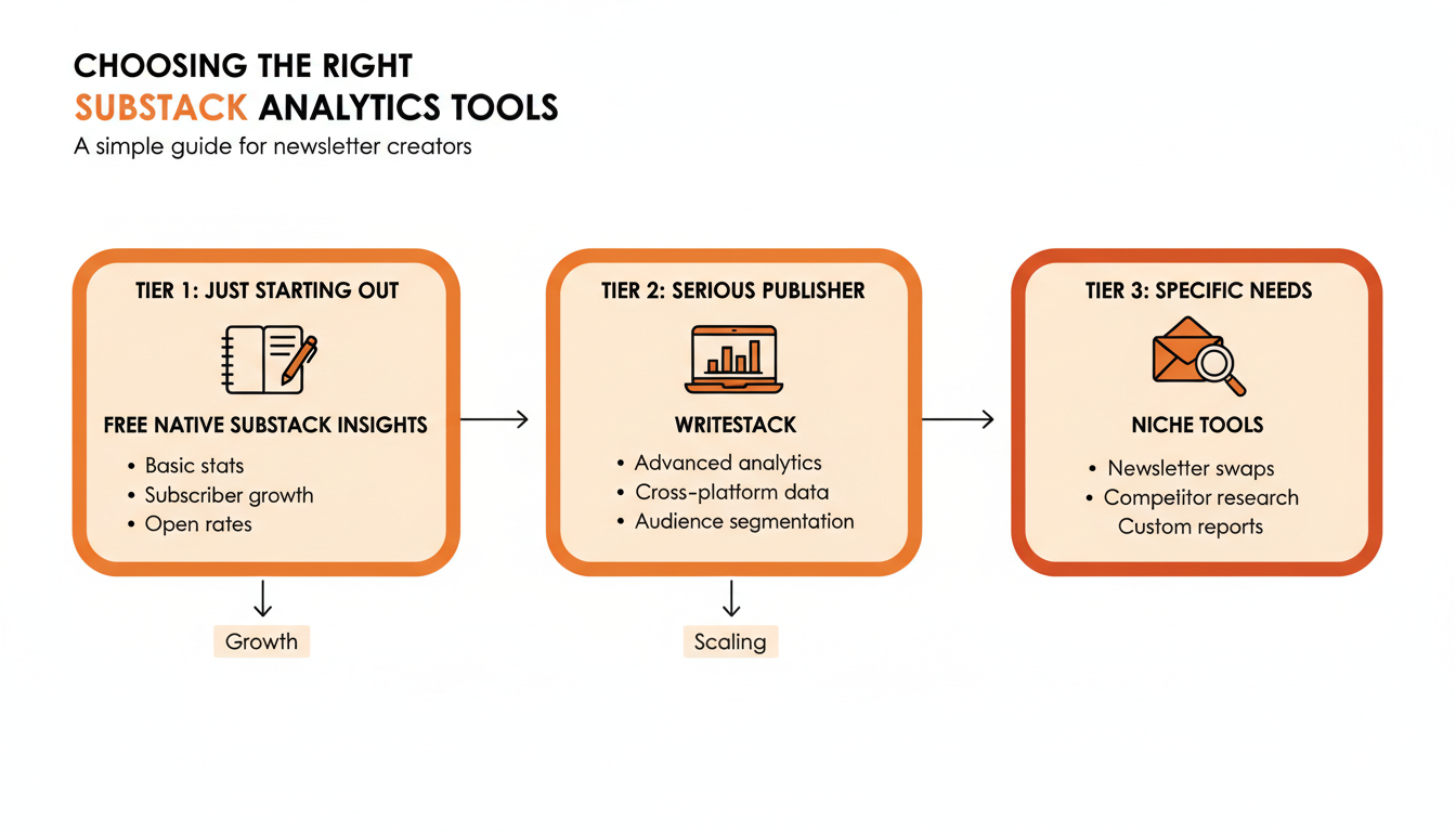 Three-tier decision graphic: just starting out, use free native Substack Insights. Publishing seriously and cross-posting, use WriteStack. One specific need like newsletter swaps or competitor research, use a niche tool.