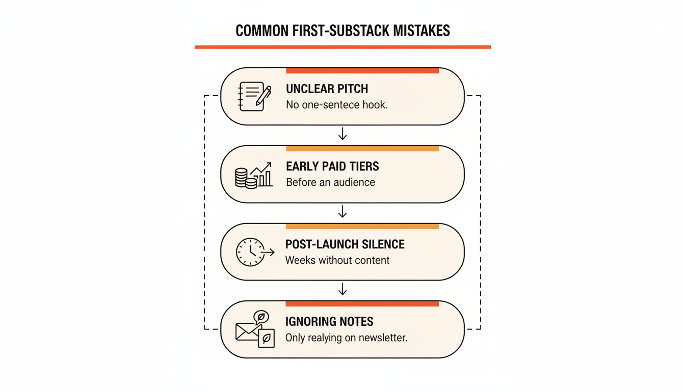 Ranked list infographic of the 5 most common mistakes new Substack writers make, numbered one through five, in order of frequency.