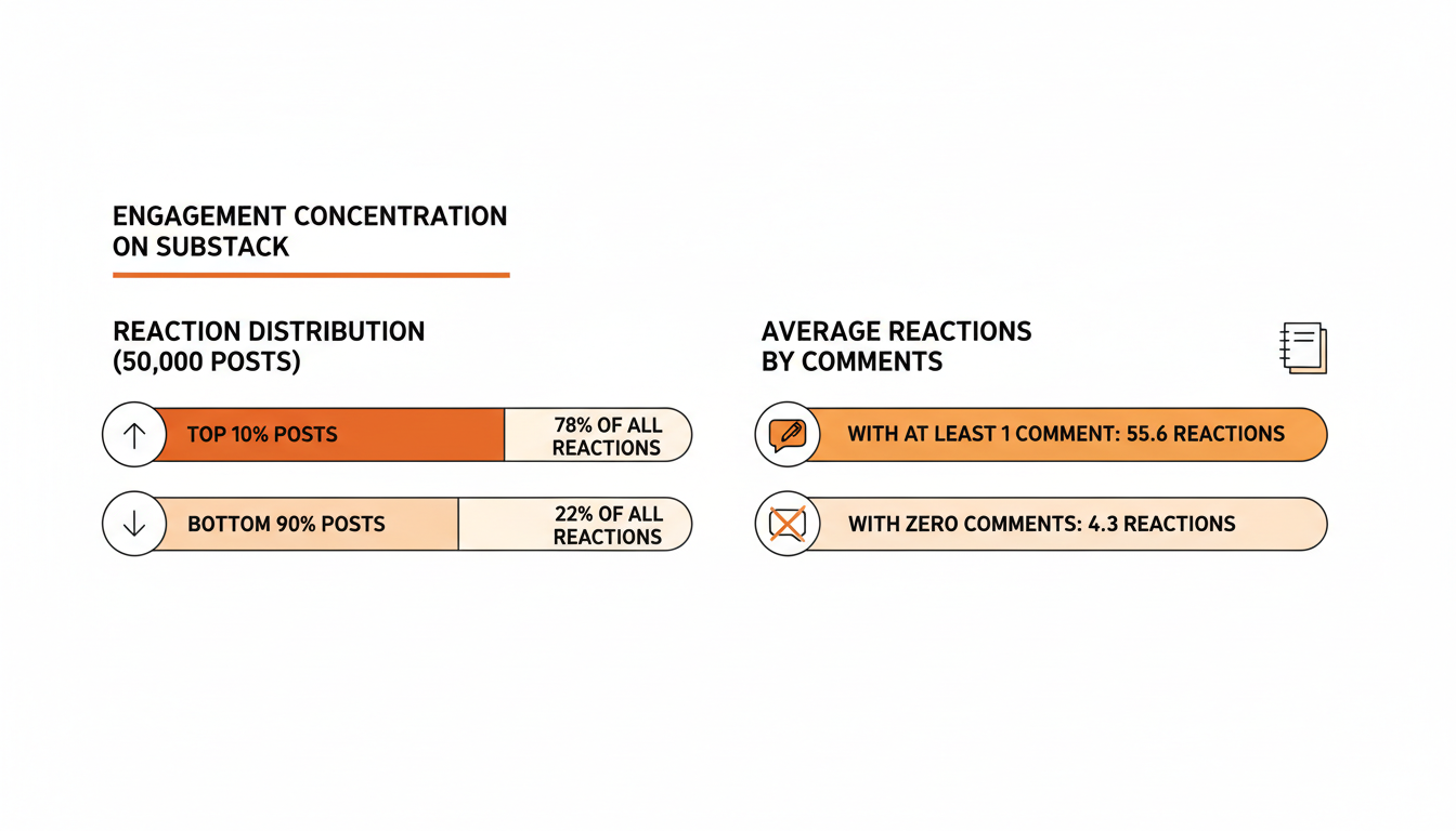 Chart showing that the top 10% of Substack posts capture 78% of all reader reactions, and posts with at least one comment average nearly 13 times more reactions than posts with none.
