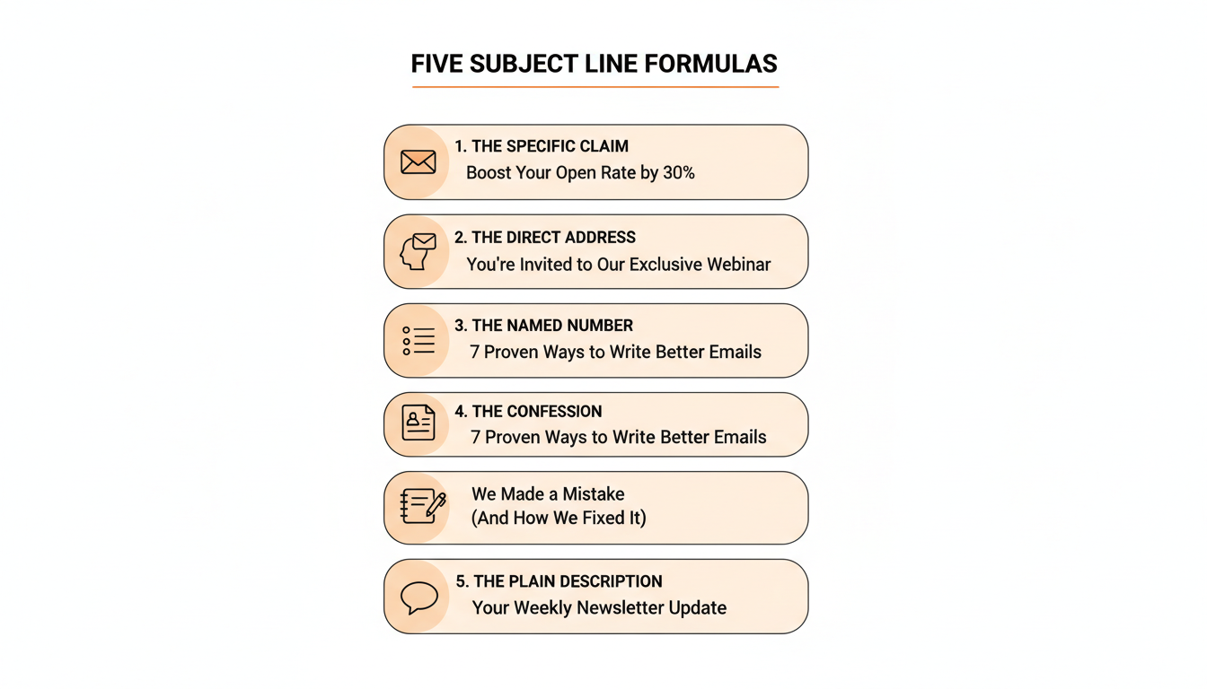infographic: five subject line formulas, specific claim, direct address, named number, confession, plain description