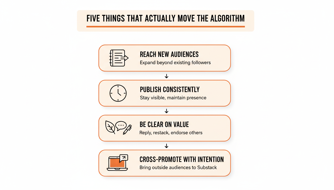 Five actions Substack's team recommends for growing through Notes: reach beyond your existing audience, publish consistently, be clear about your value, engage through replies and restacks, and cross-post with intention.