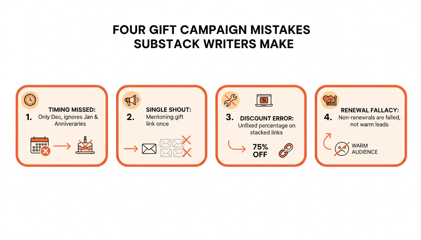 infographic: four common Substack gift-campaign mistakes - running gifts only in December, never mentioning the /gift URL outside a single post, stacking a discount without deciding the percentage in advance, and treating a non-renewal as campaign failure instead of a future lead