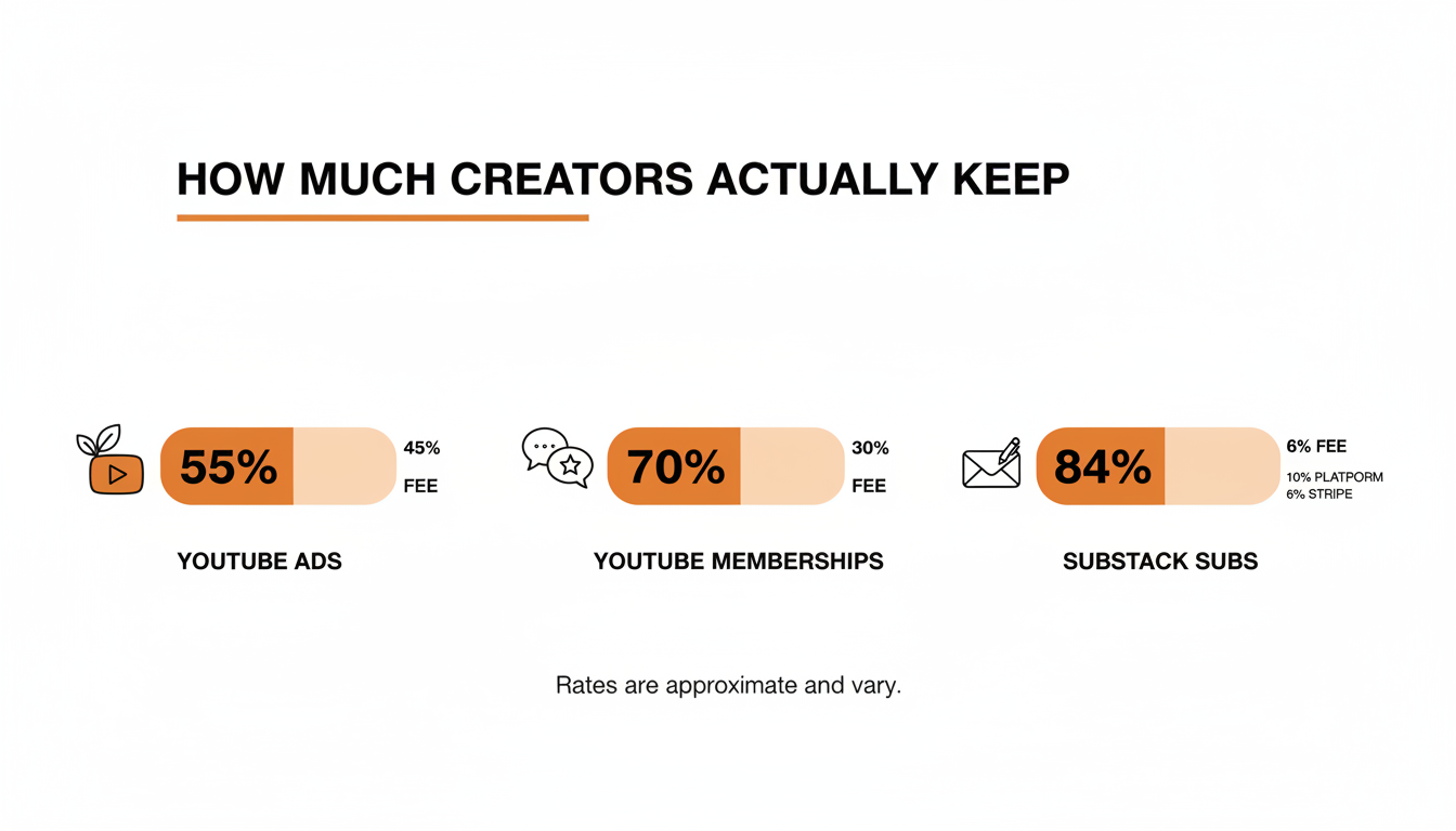 Bar chart comparing creator take-home rates: YouTube ad revenue 55%, YouTube channel memberships 70%, Substack paid subscriptions about 84% after Substack's 10% fee and Stripe processing.