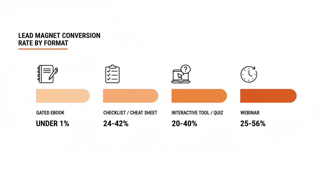 bar chart comparing average lead magnet conversion rates by format: gated ebook under 1%, checklist or cheat sheet 24-42%, interactive tool or quiz 20-40%, webinar 25-56%