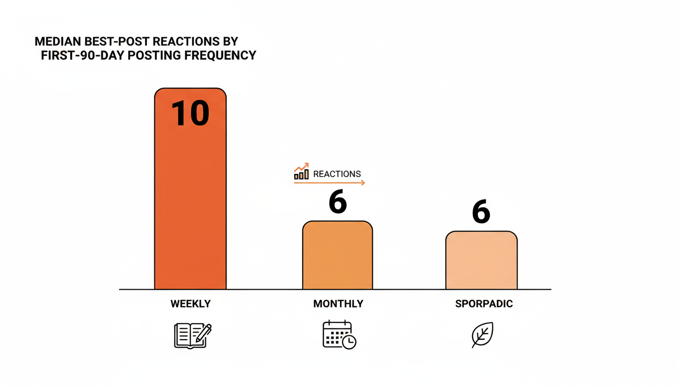 Chart comparing median best-post reactions for publications grouped by first-90-day posting frequency.