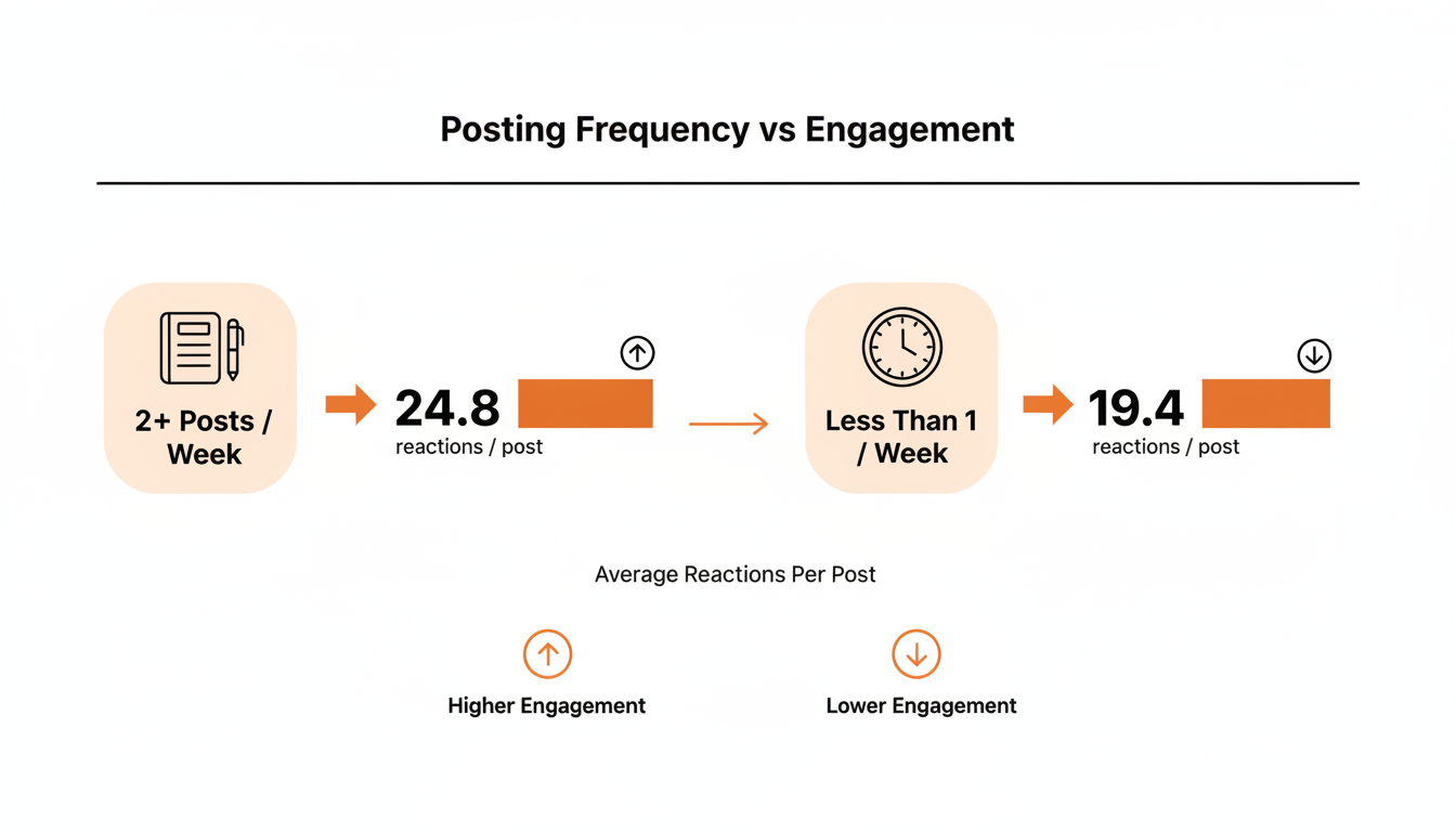 Bar chart comparing average reactions per post: publications posting 2 or more times per week average 24.8 reactions, publications posting less than once per week average 19.4 reactions.