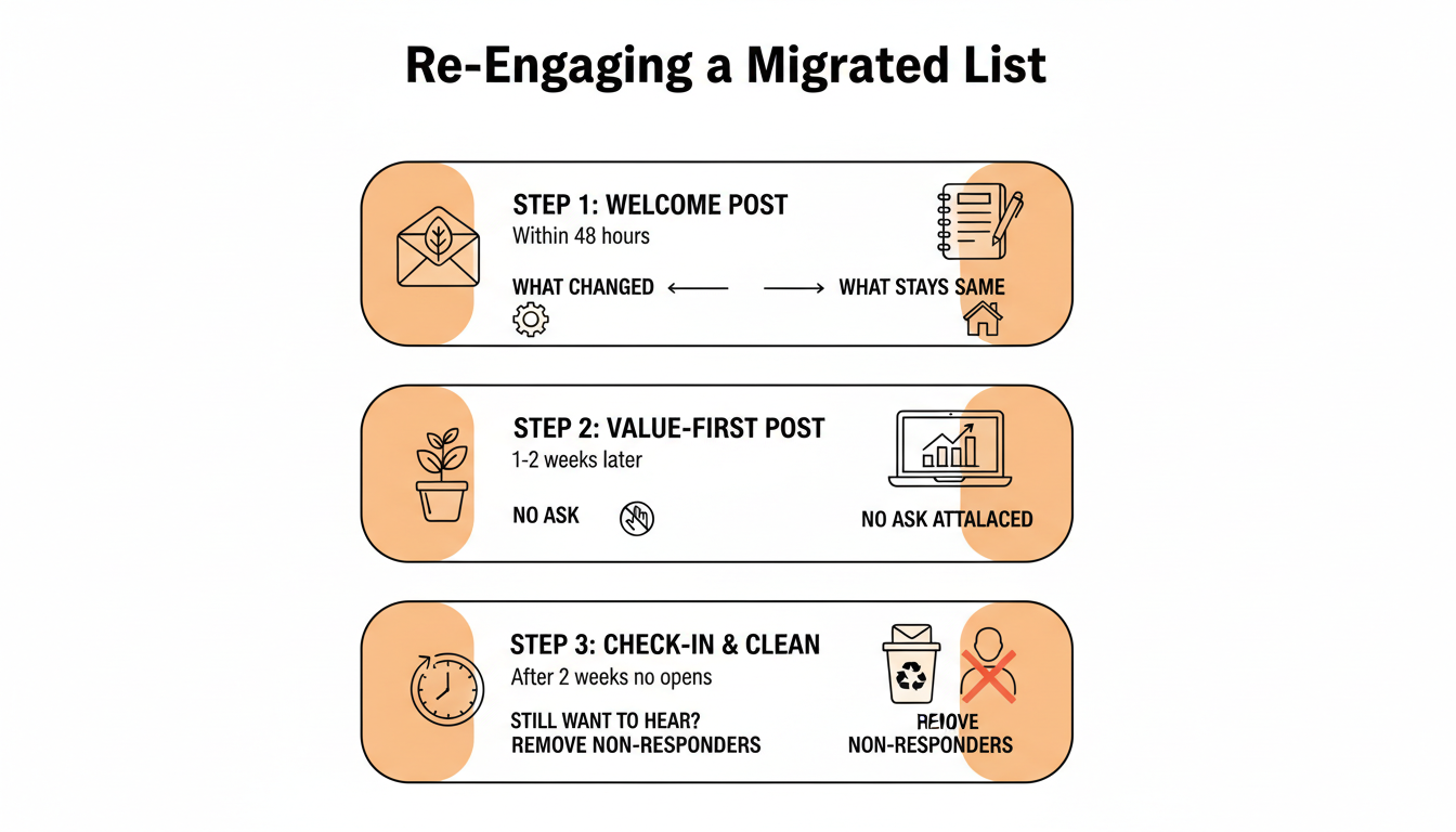 Three-step re-engagement sequence for a migrated Substack list: Step 1, send a welcome-to-the-new-home post within 48 hours explaining what changed and what stays the same. Step 2, one to two weeks later, send a value-first post with no ask attached. Step 3, after two weeks of no opens from a subscriber, send a direct