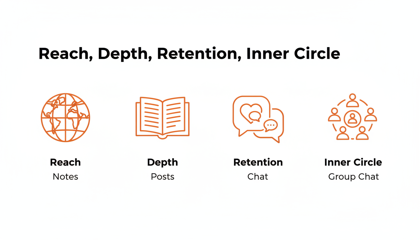 Four small icons in a row showing: reach (globe icon) mapped to Notes, depth (open book icon) mapped to Posts, retention (heart icon) mapped to Chat, and inner circle (small group icon) mapped to Group Chat, each with a one-line caption underneath.