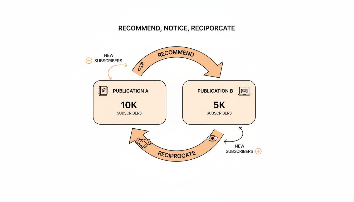 Diagram of the reciprocal recommendation loop between two similar-sized publications.