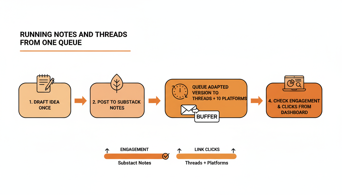 Numbered process graphic showing four steps: 1) Draft the idea once, 2) Post natively to Substack Notes, 3) Queue an adapted version to Threads and other platforms through Buffer, 4) Check link-click and engagement data across both from one dashboard.