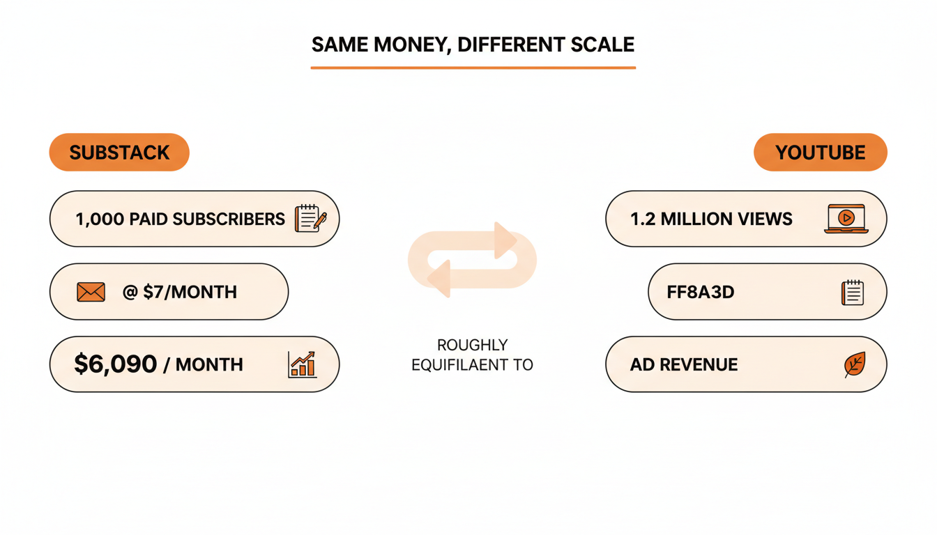 Comparison graphic: 1,000 paid Substack subscribers at $7/month earns about $6,090/month, roughly matching 1.2 million YouTube views in ad revenue.