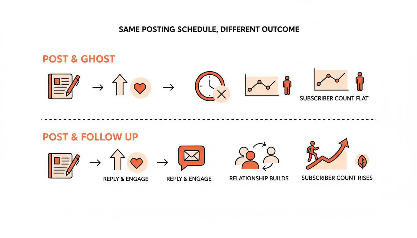 Diagram comparing post-and-ghost versus post-and-follow-up outcomes