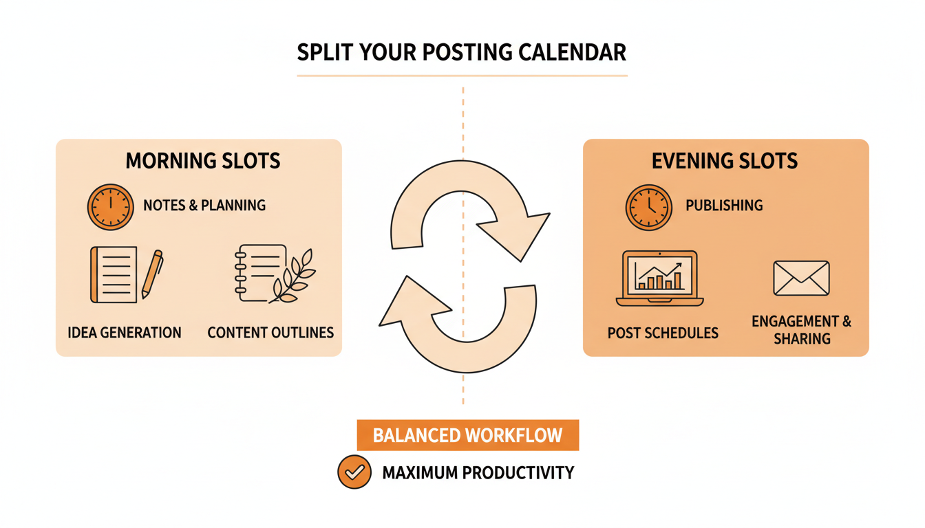Calendar view showing long-form posts scheduled for evening slots and Notes scheduled across morning slots.