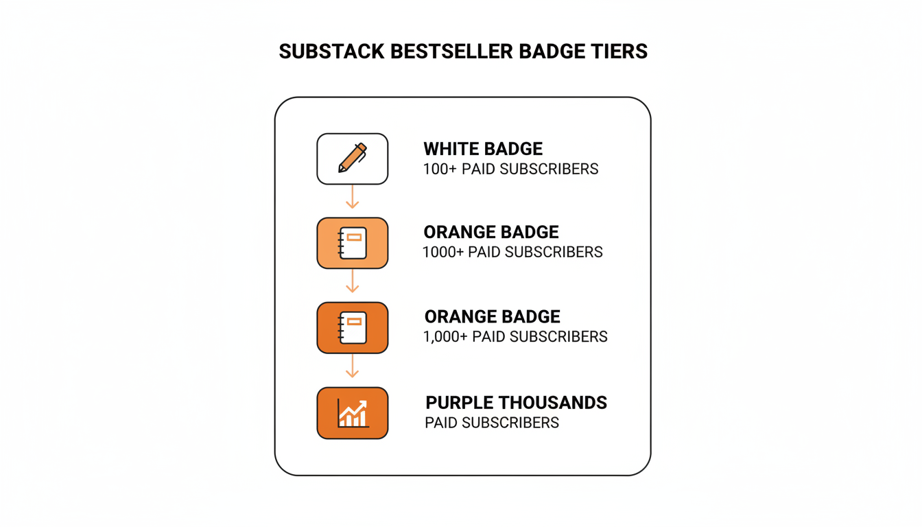 Chart showing the three Substack bestseller badge tiers by paid subscriber threshold: White at 100+, Orange at 1,000+, Purple at tens of thousands, with a small icon representing each tier.