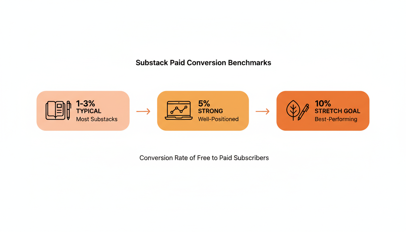 infographic: three pledge conversion benchmarks - most Substacks convert 1-3% of free subscribers to paid, strong newsletters hit around 5%, and 10% is treated as a stretch goal even by top performers