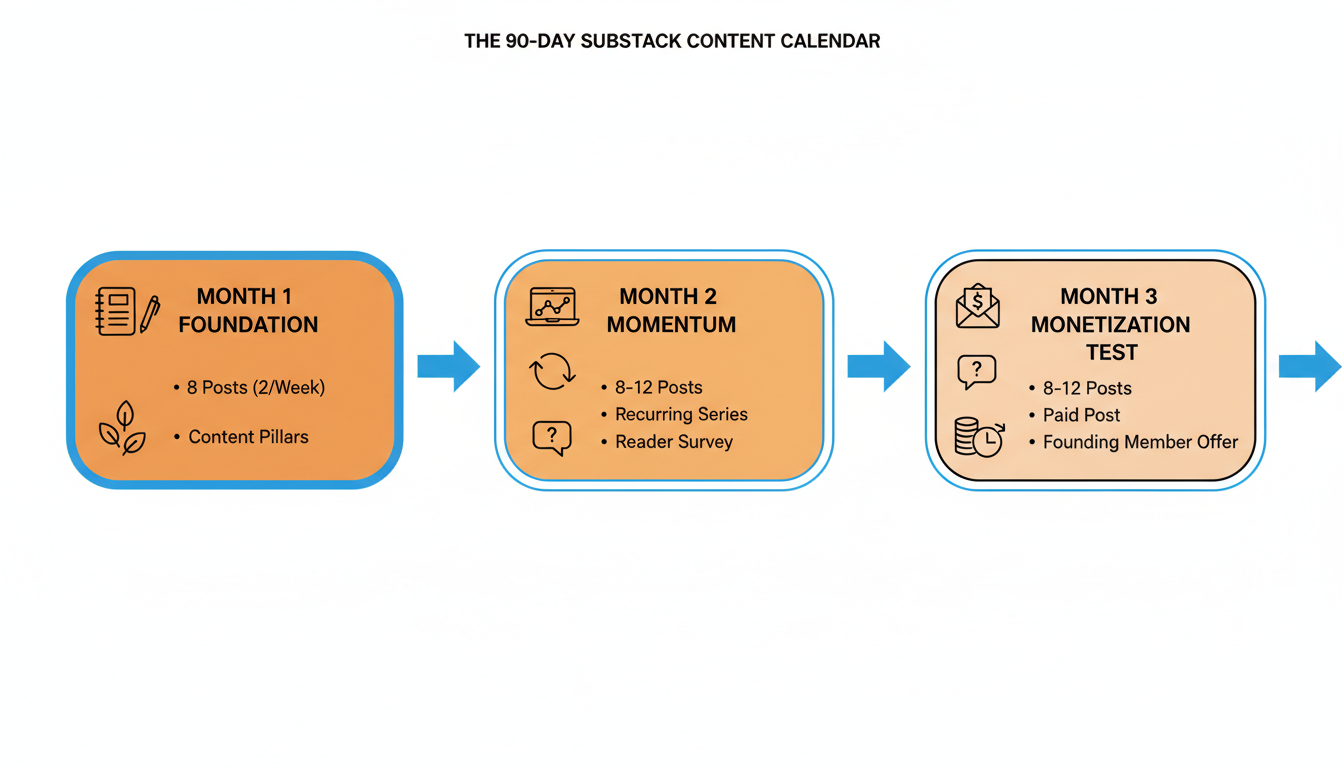 Three-step 90-day Substack content calendar template