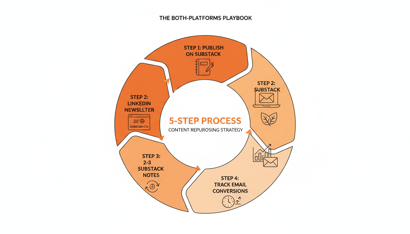 Five-step diagram of the both-platforms playbook: publish on Substack, trim for LinkedIn with a subscribe CTA, convert to Notes, track conversions, repeat