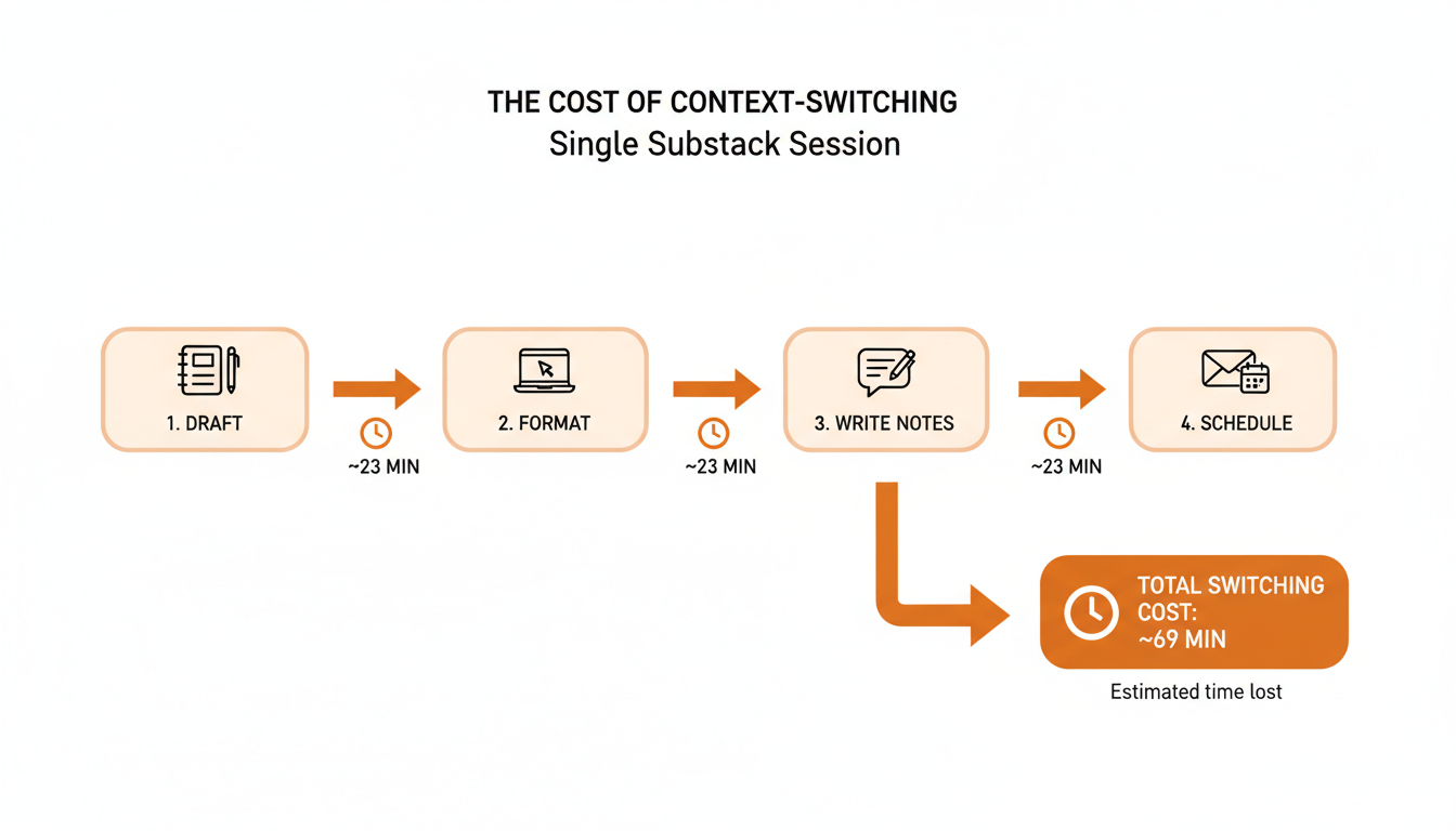The cost of context-switching: four task-switches in a single publish session, each costing roughly 23 minutes of refocus time