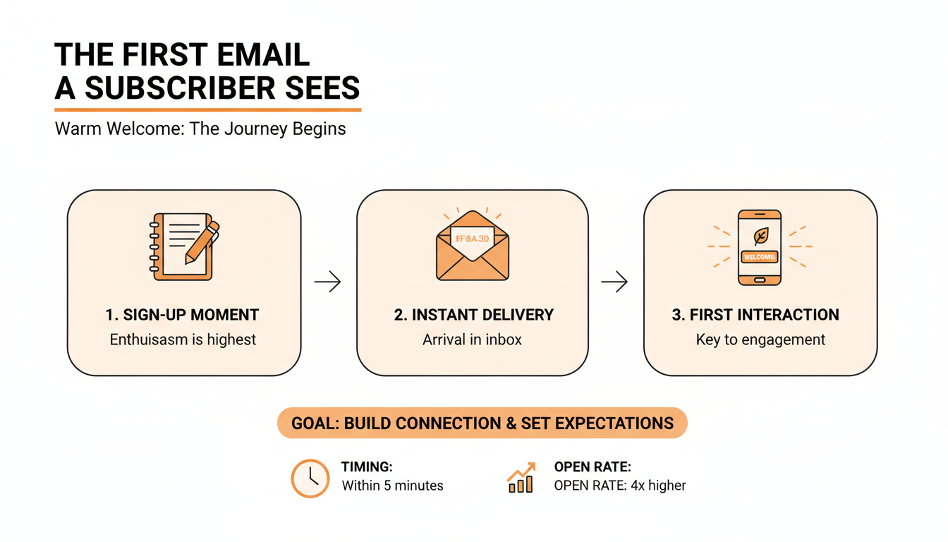 A new subscriber opening a welcome email on their phone moments after subscribing.