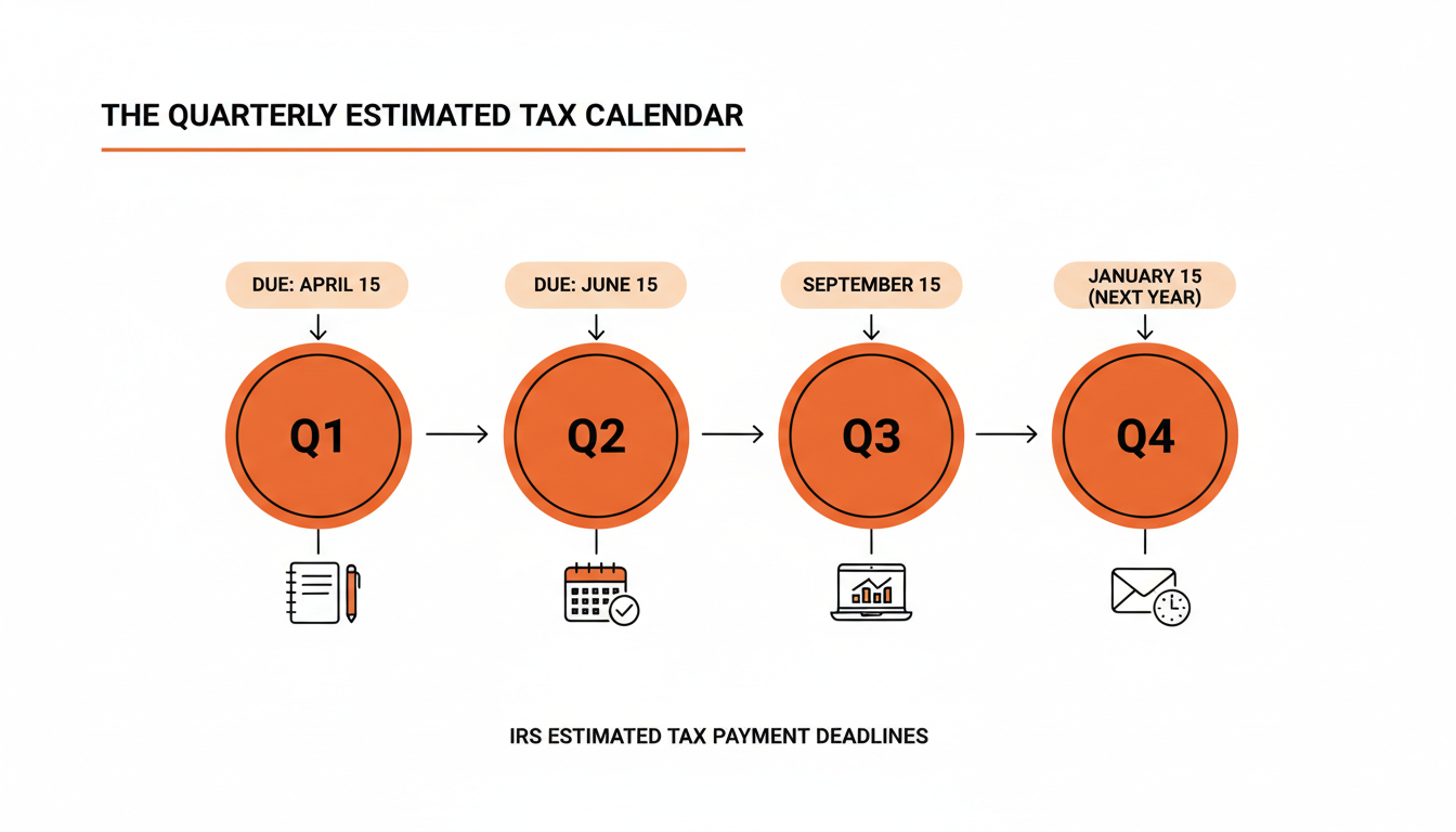Simple calendar graphic showing four IRS estimated quarterly tax payment deadlines across the year: Q1 due April 15, Q2 due June 15, Q3 due September 15, Q4 due January 15 of the following year.