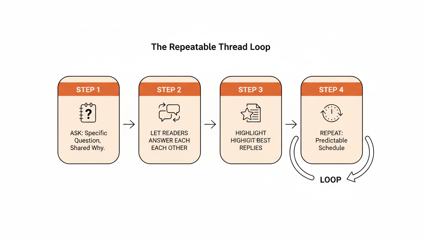 Four-step diagram showing a repeatable community-thread cycle