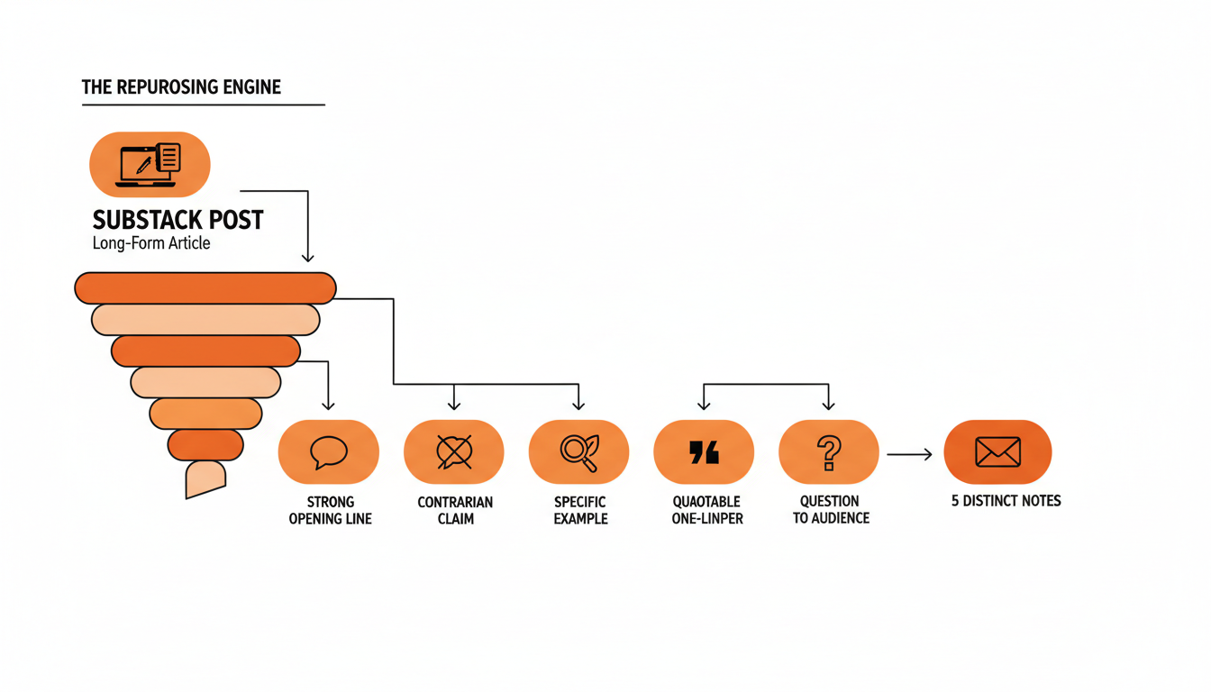 A simple diagram showing one long-form Substack post being broken down into five distinct Notes: a strong opening line, a contrarian claim, a specific example, a quotable one-liner, and a question to the audience, arranged as a repurposing funnel.