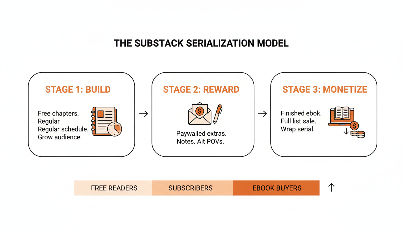 The hybrid serialization model: free chapters build the audience, paywalled extras reward paying readers, and the finished ebook closes out the arc.
