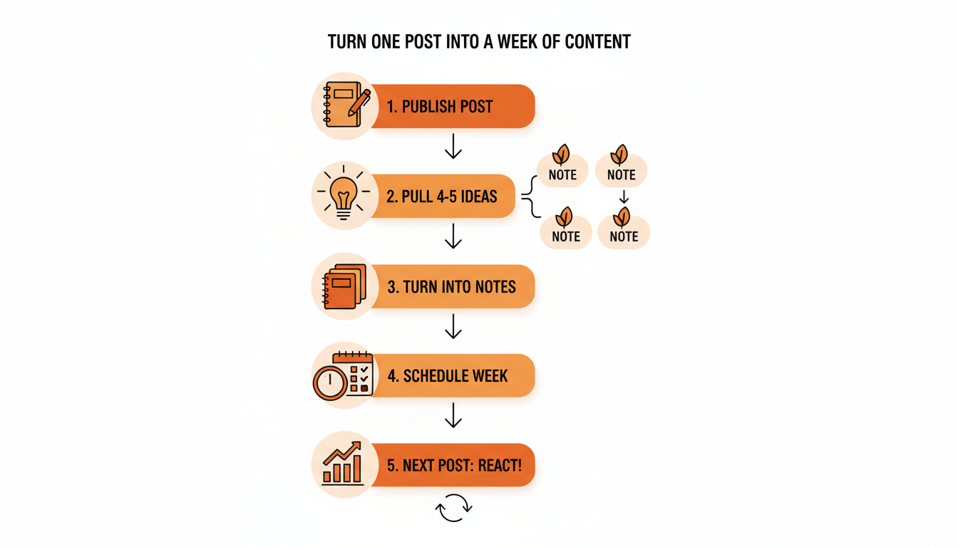 Numbered process diagram: Step 1, publish one long post. Step 2, pull 4 to 5 standalone ideas from it. Step 3, turn each idea into a Note. Step 4, schedule the Notes across the week. Step 5, the next post starts from what got the strongest reaction.
