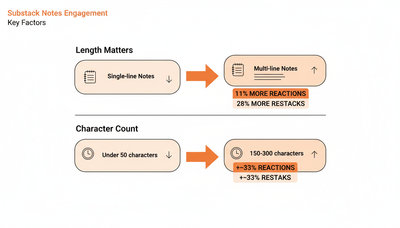 Bar chart comparing engagement: multi-line Notes get 11% more reactions and 28% more restacks than single-line Notes, and Notes between 150 and 300 characters outperform Notes under 50 characters by roughly a third.