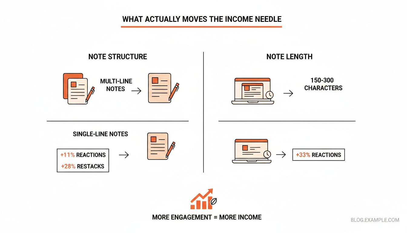 Bar chart comparing multi-line vs single-line Notes performance and Notes length buckets, showing 150 to 300 character Notes outperforming sub-50-character Notes by roughly a third on reactions.