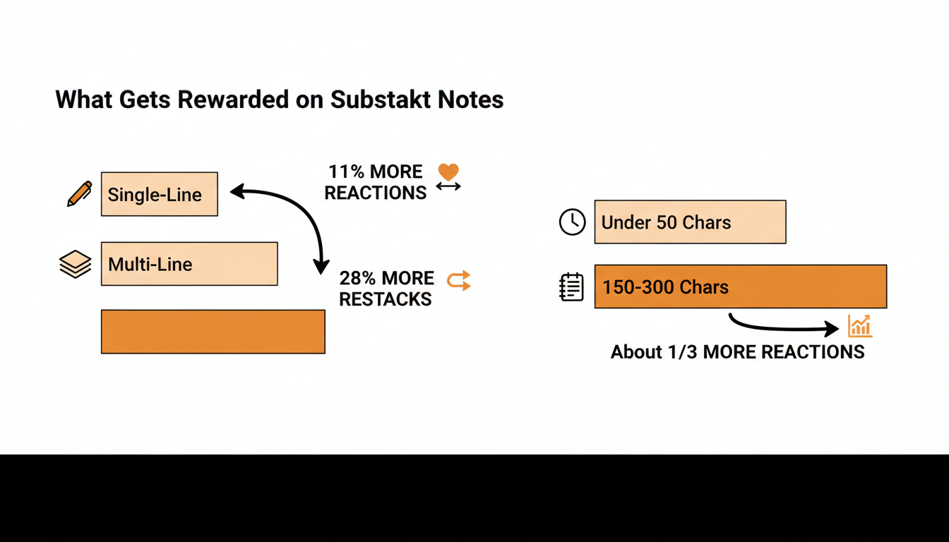 Bar chart showing Substack Notes performance by format: multi-line notes get about 11% more reactions and 28% more restacks than single-line notes; notes of 150-300 characters outperform notes under 50 characters by roughly a third on reactions.